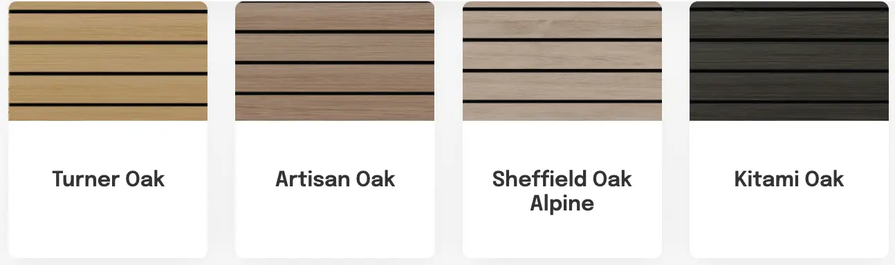 Quattro Cladding colour swatches — Turner Oak, Artisan Oak, Sheffield Oak Alpine and Kitami Oak