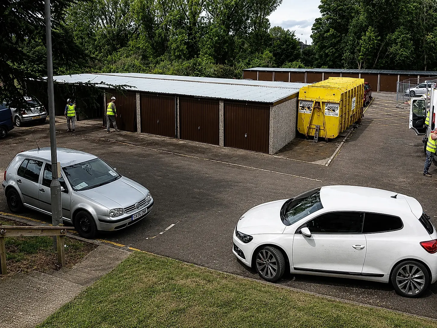 Elevated view of a battery garage compound with parking, built for a housing site