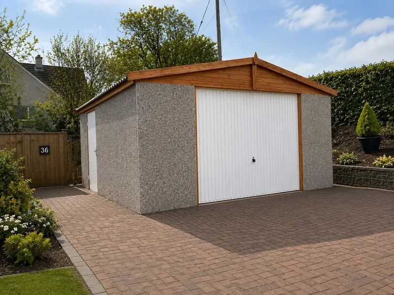 White double Apex concrete garage with a pitched roof on a block-paved driveway