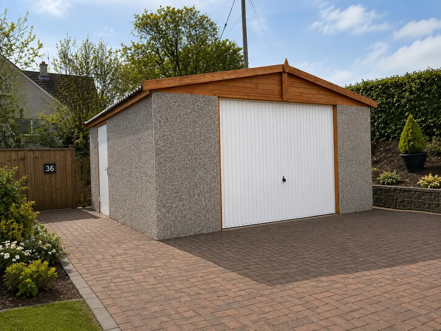 White double Apex concrete garage with a pitched roof on a block-paved driveway