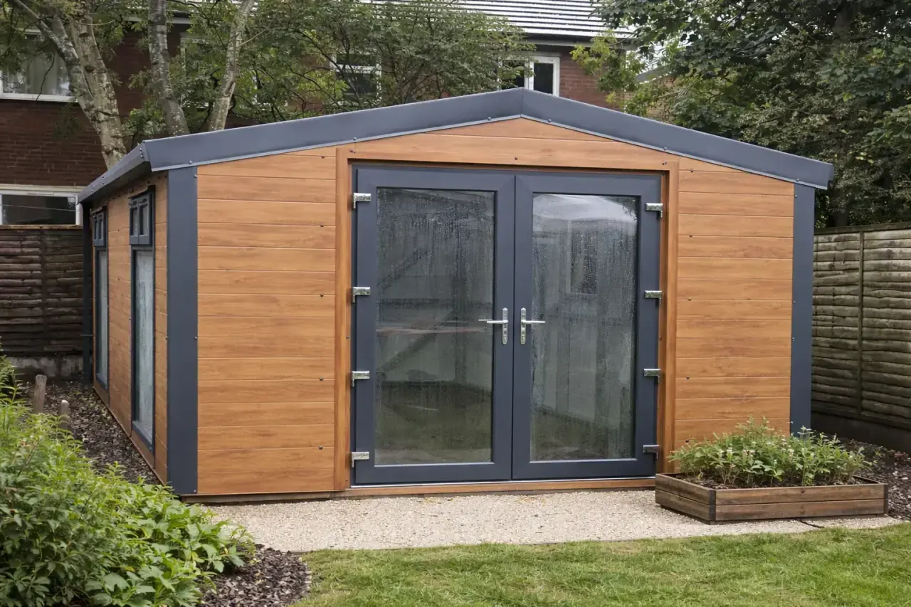 Garden room with cedar-effect composite cladding and an apex roof alongside a garden border