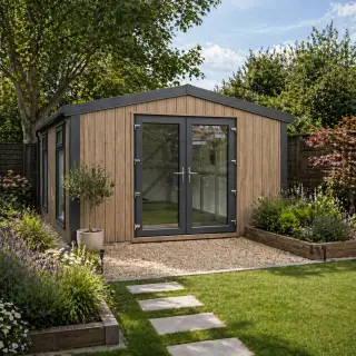 Quattro clad garden room with French doors in a landscaped garden