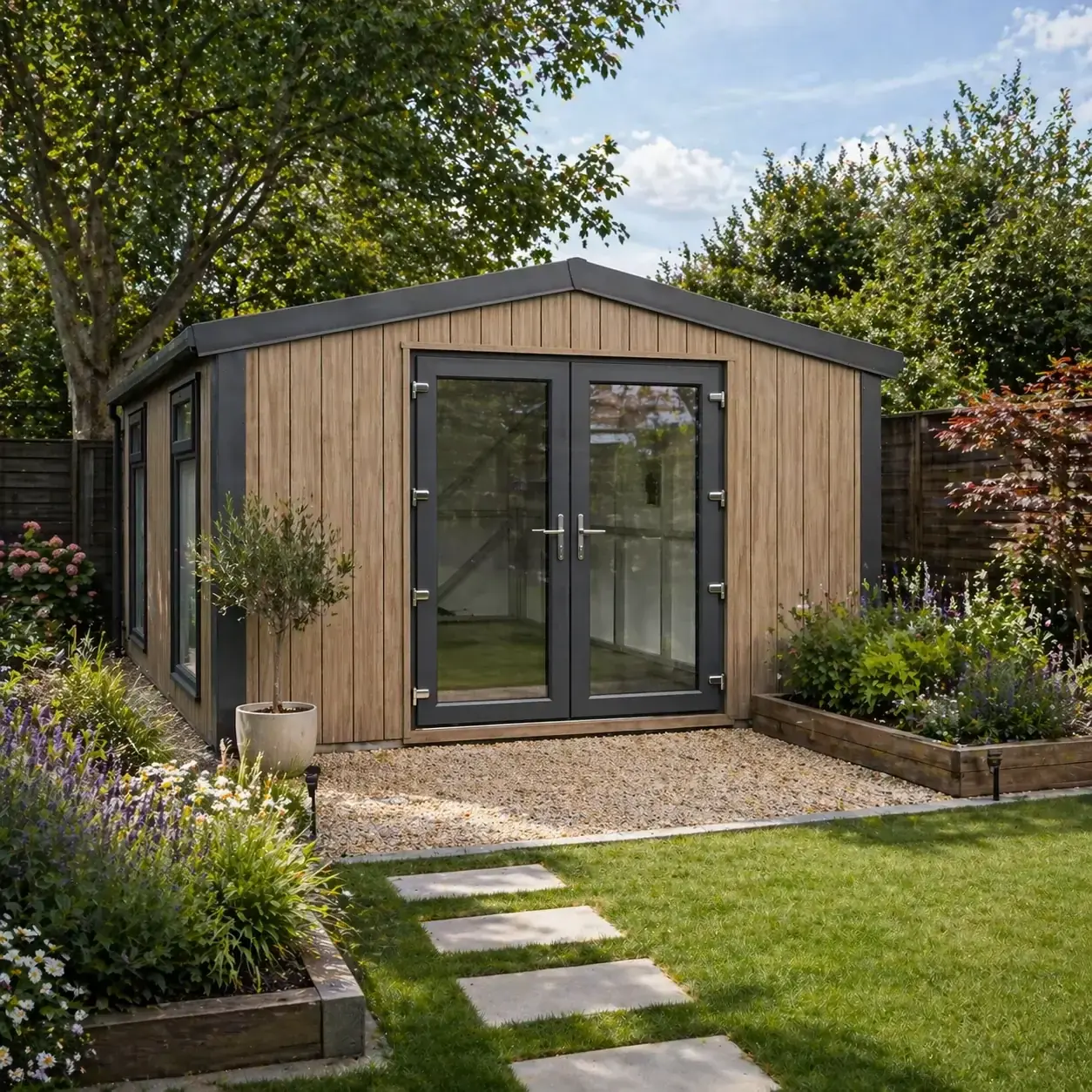 Quattro clad garden room with French doors in a landscaped garden