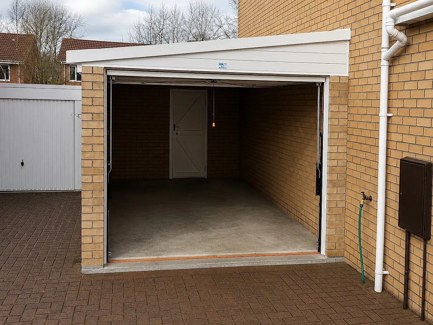 Open lean-to concrete garage showing the interior and a timber rear personnel door