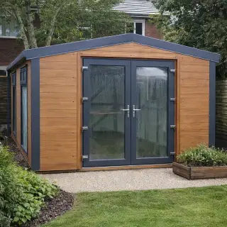 Prestige insulated garden room with an apex roof and coloured cladding finish