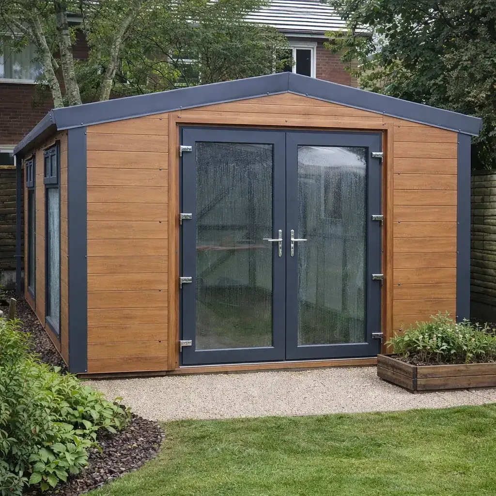 Prestige insulated garden room with an apex roof and coloured cladding finish
