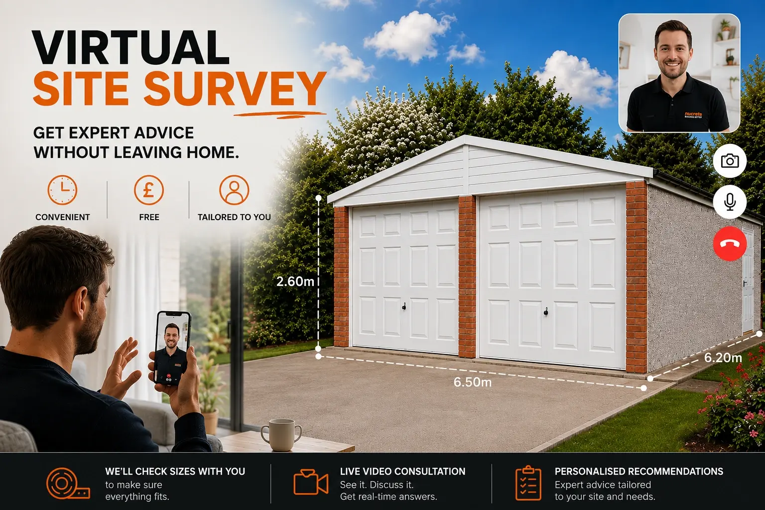 Nucrete virtual site survey: a customer on a video call with a Nucrete surveyor from their sofa, reviewing a double garage with its measurements marked up