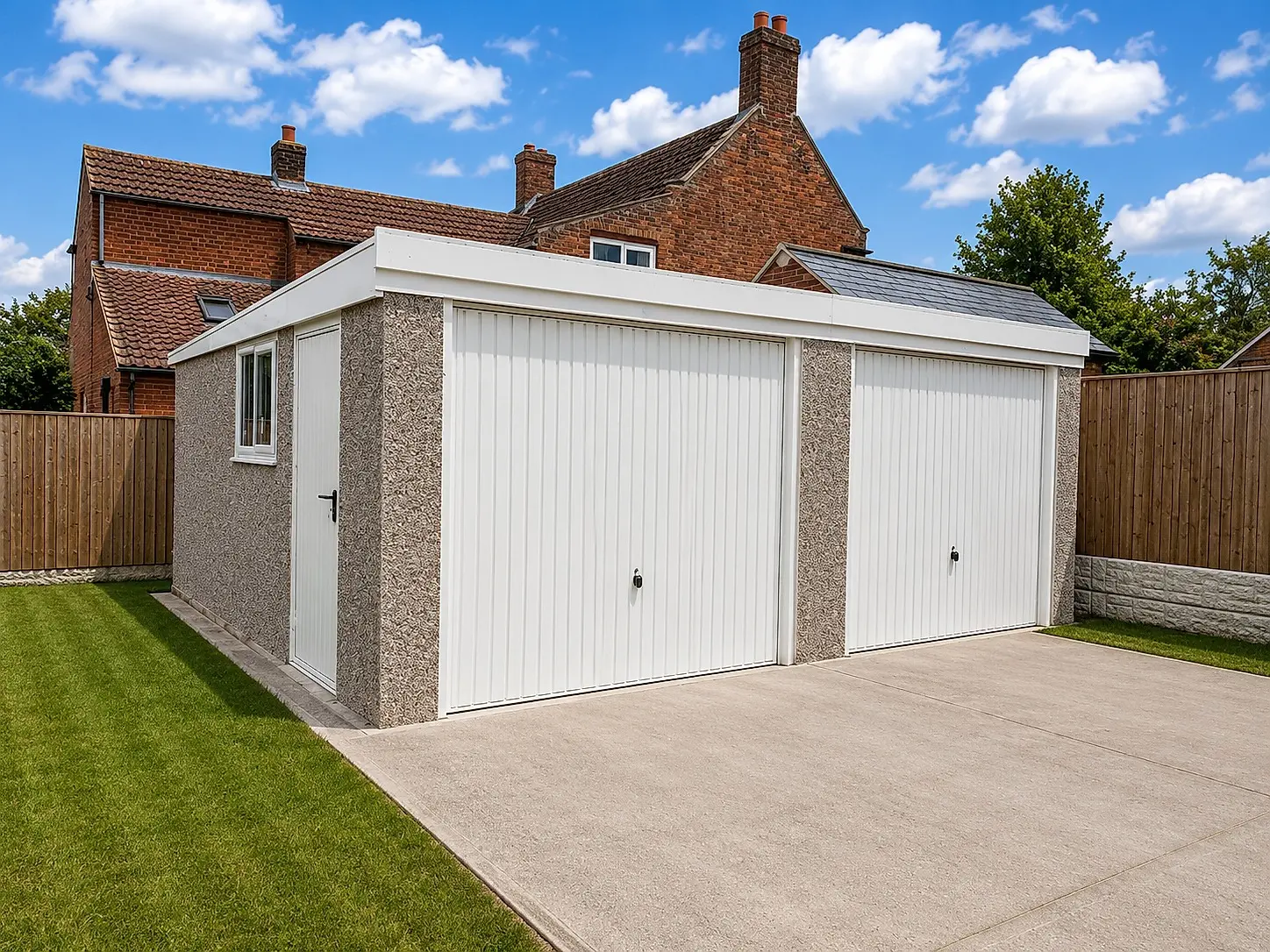 Double pent roof concrete garage with two white up & over doors and a personnel door on a concrete drive