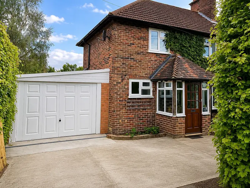 Lean-to concrete garage with a white up-and-over door attached to a brick house
