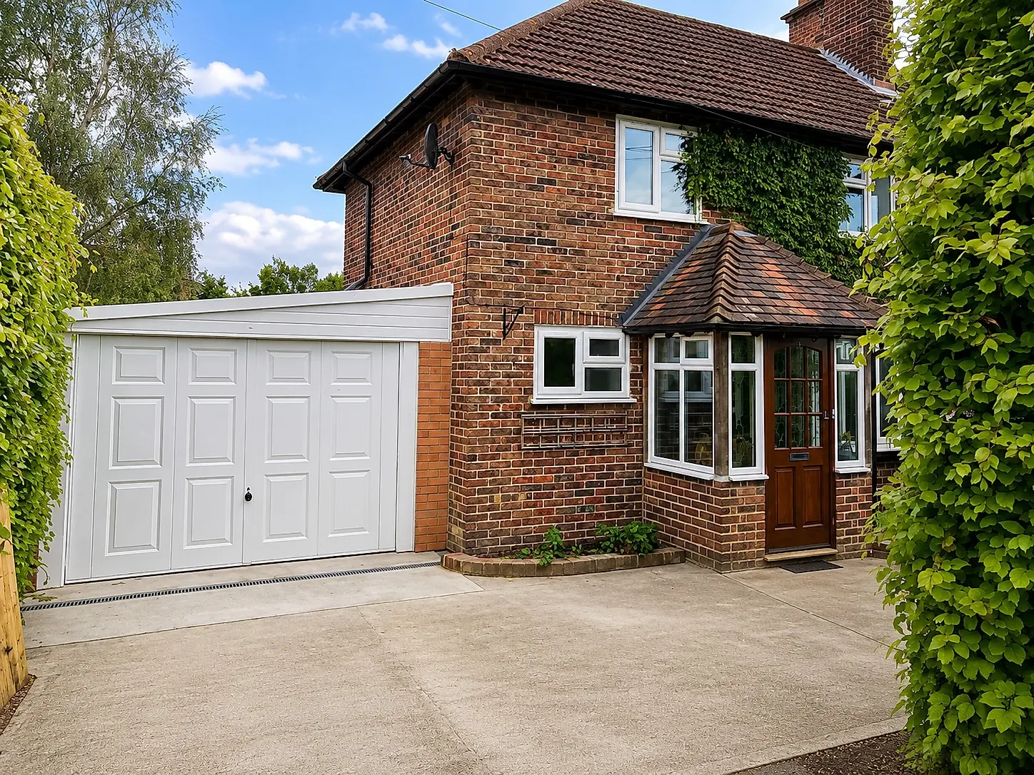 Lean-to concrete garage with a white up-and-over door attached to a brick house