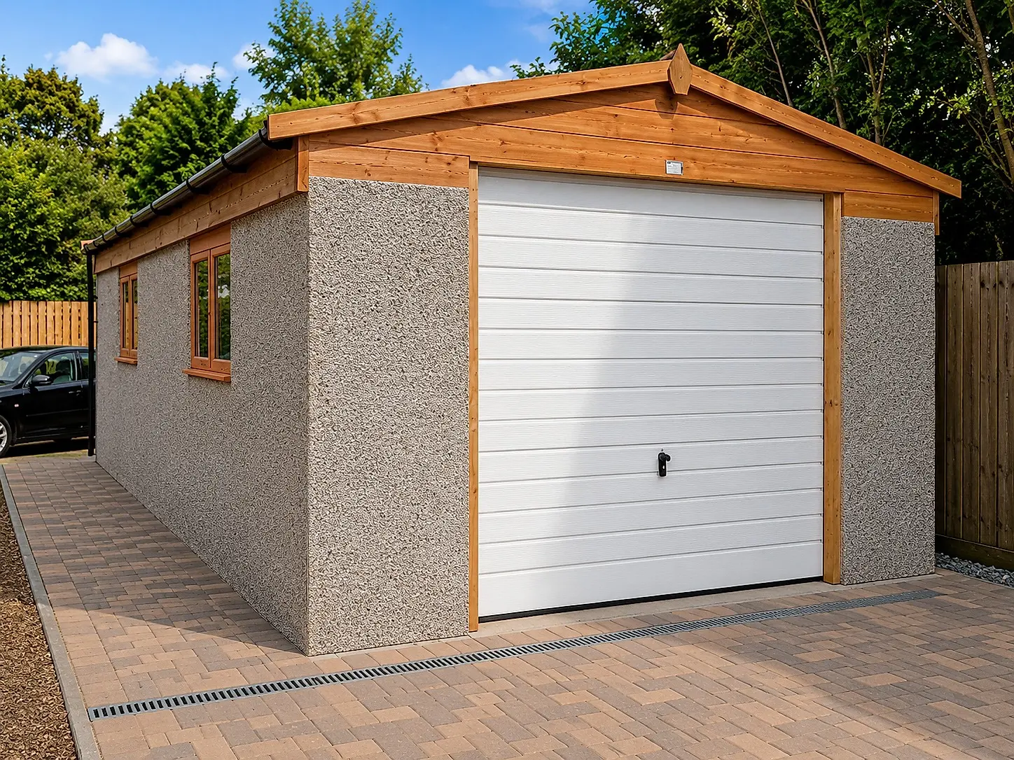 Extra-height apex concrete garage with tall walls, a white sectional up-and-over door and side windows on a resin driveway