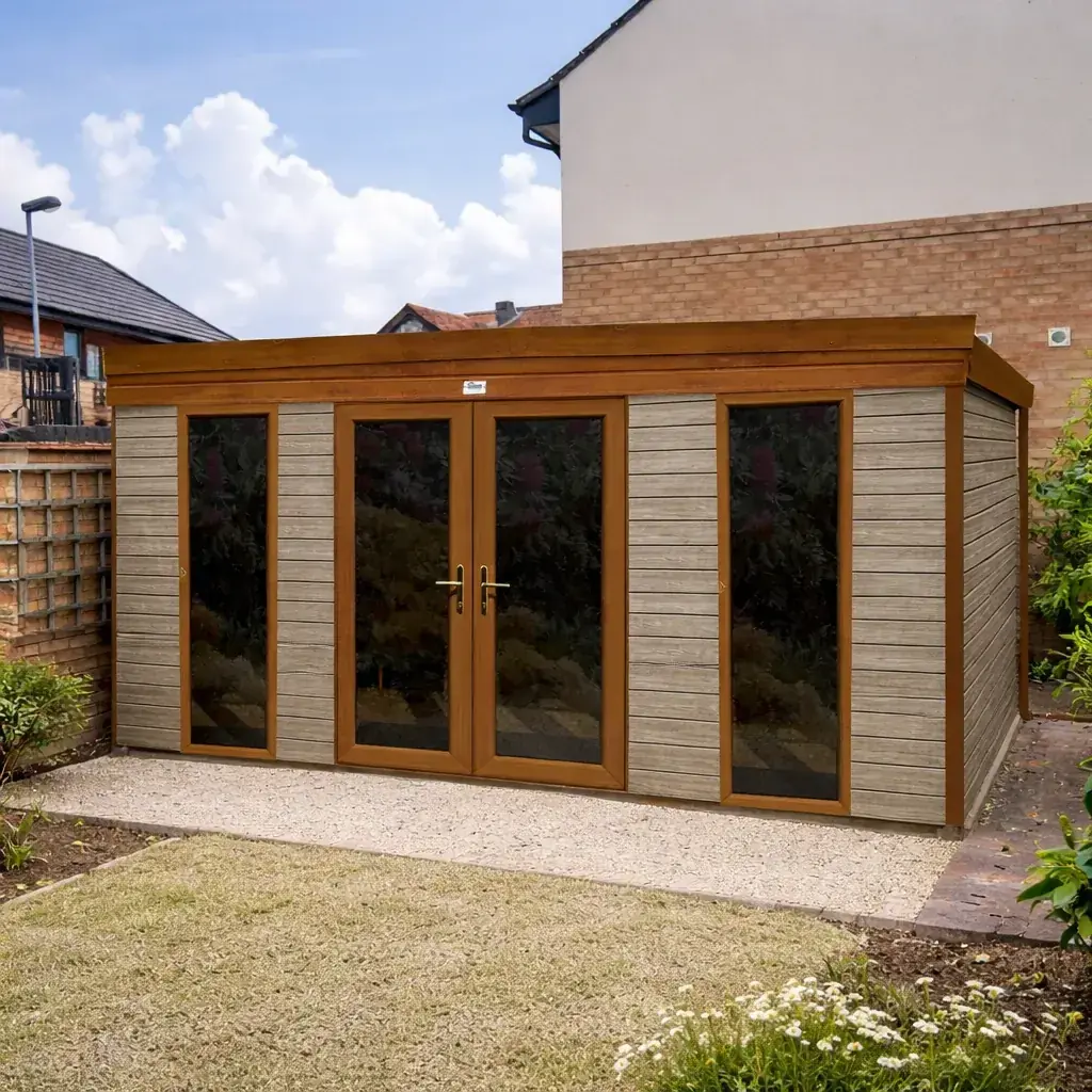 Garden room with warm golden oak composite cladding and large glazed French doors