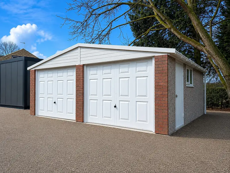 Double Elite apex concrete garage with brick pillars, white up-and-over doors and a steel personnel door