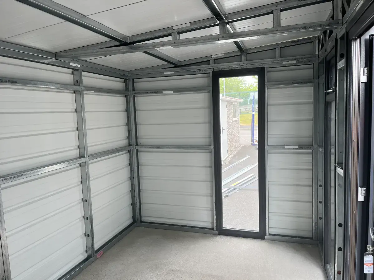 Interior view showing insulated panels and French doors