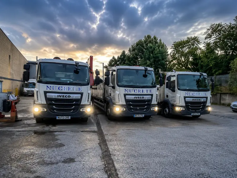 Three Nucrete IVECO delivery lorries lined up at the Bradford depot at dusk, ready for a day of concrete garage installations