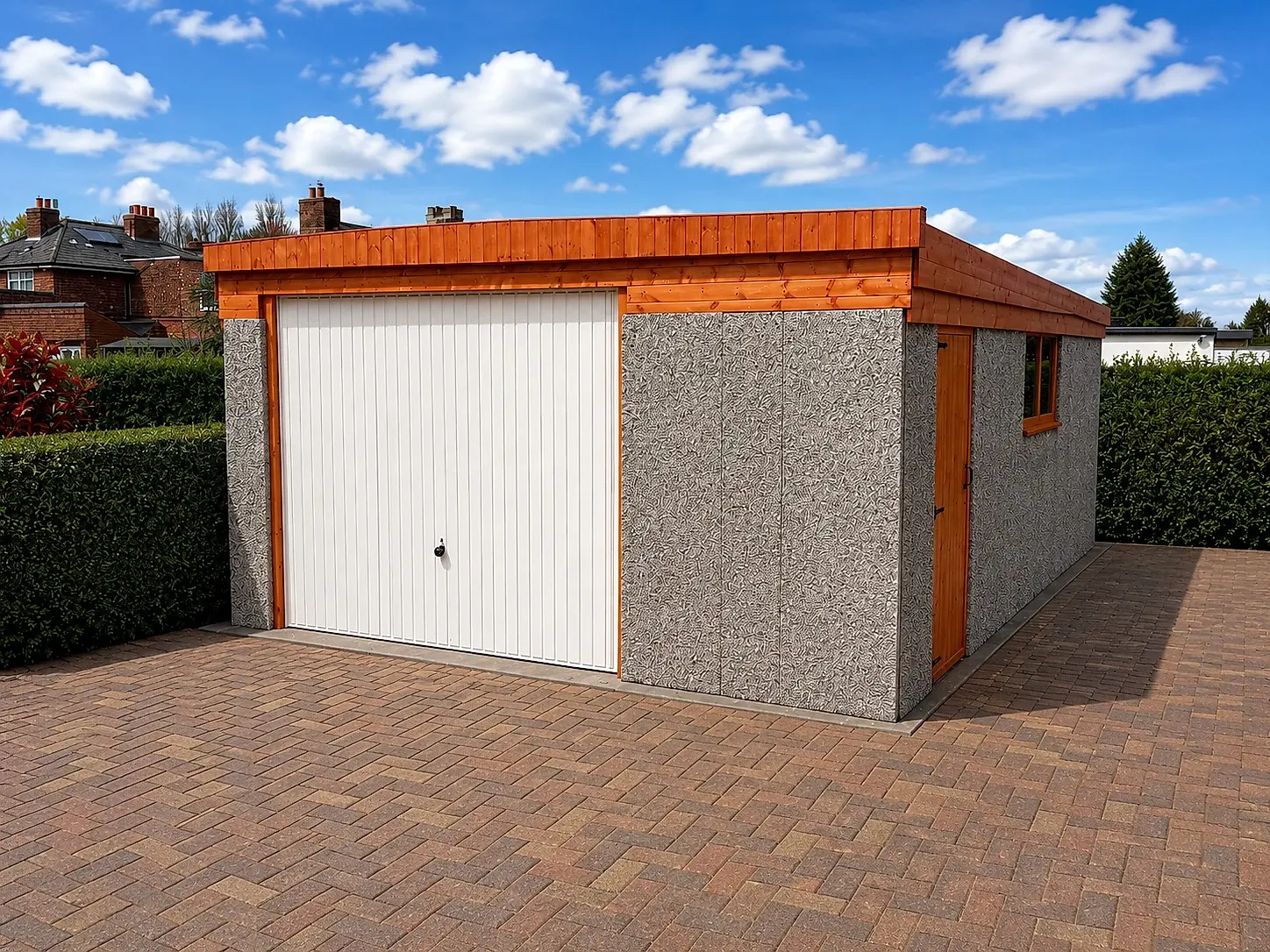 Extra-height pent roof concrete garage with tall walls, a white up-and-over door and a cedar fascia