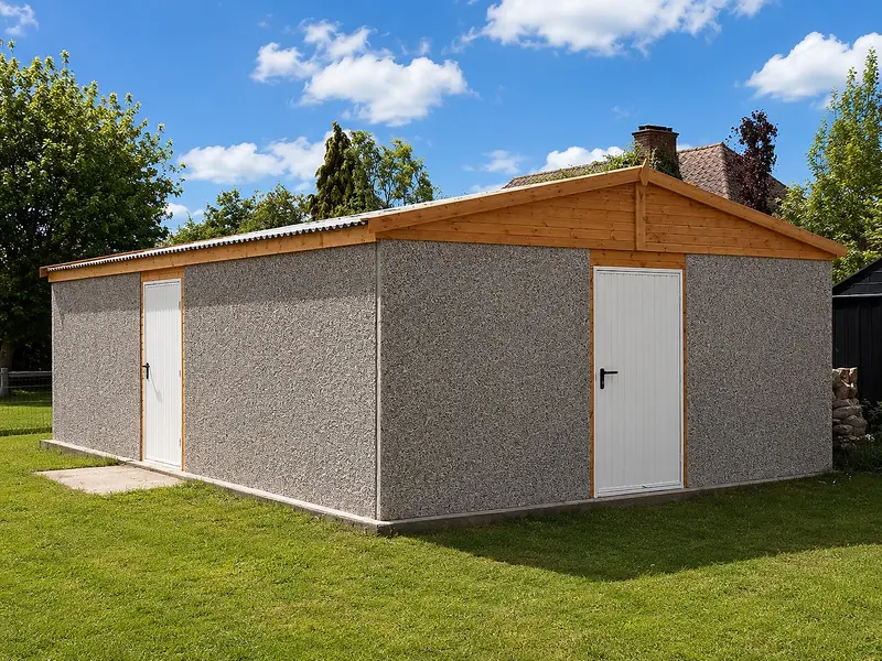 Apex-roof concrete shed with two white personnel doors on a lawn
