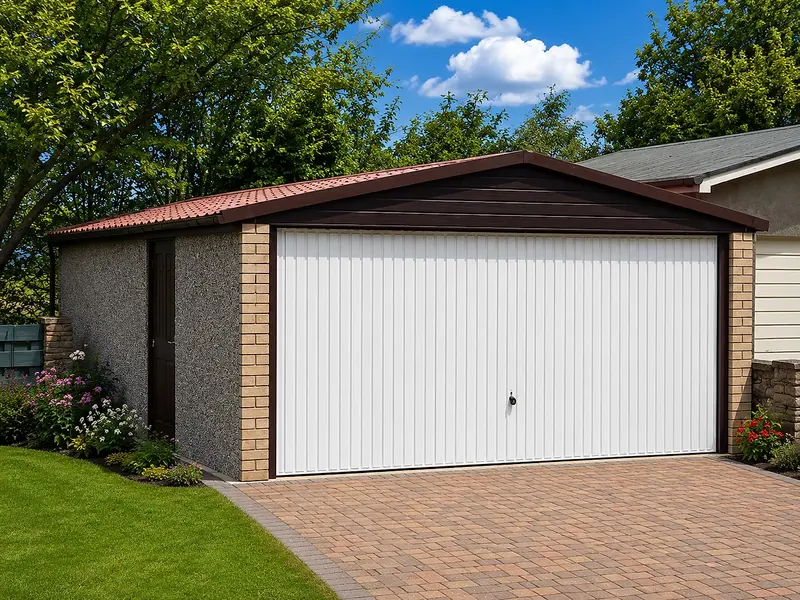 Double apex concrete garage with a wide white up & over door, cream brick pillars and a red tile-effect roof on a block-paved drive