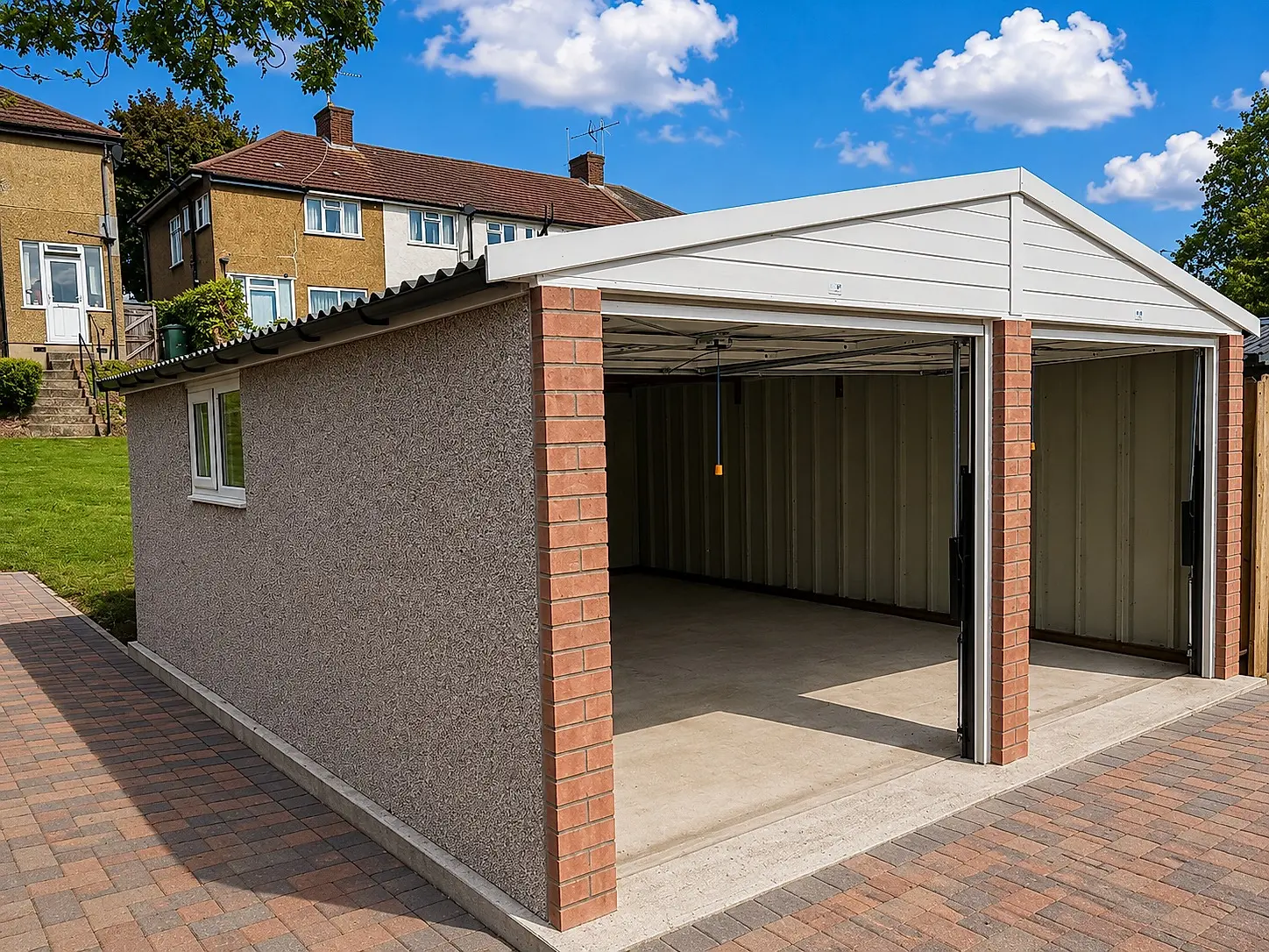 Double apex concrete garage with the up & over doors open, showing the clear-span concrete interior, brick pillars and a red tile-effect side roof on a block-paved drive