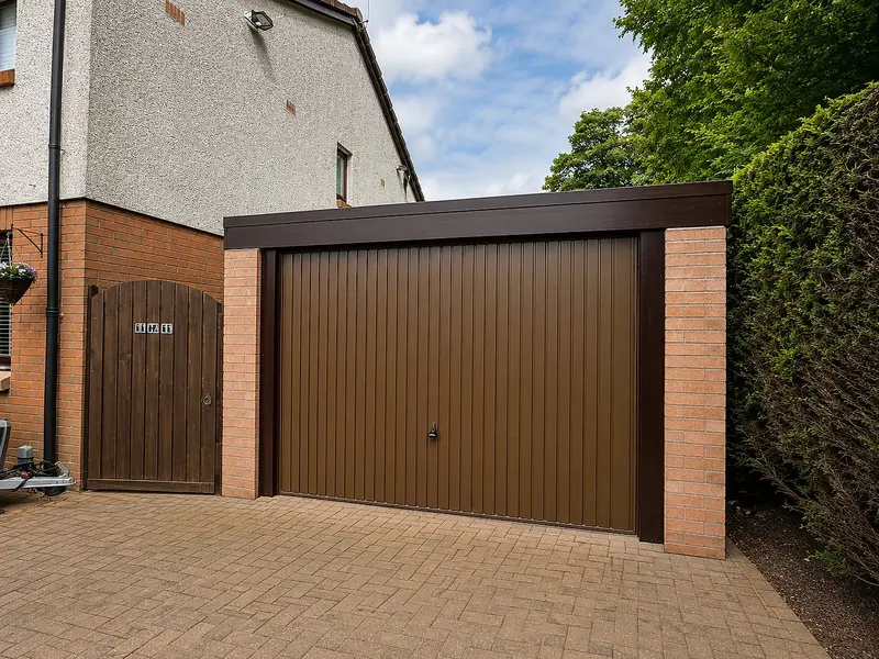Single pent roof concrete garage with a brown up-and-over door and brick pillars beside a house