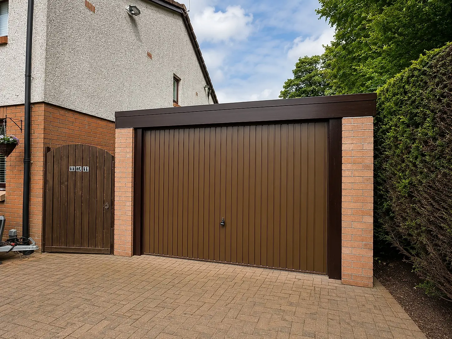 Single pent roof concrete garage with a brown up-and-over door and brick pillars beside a house