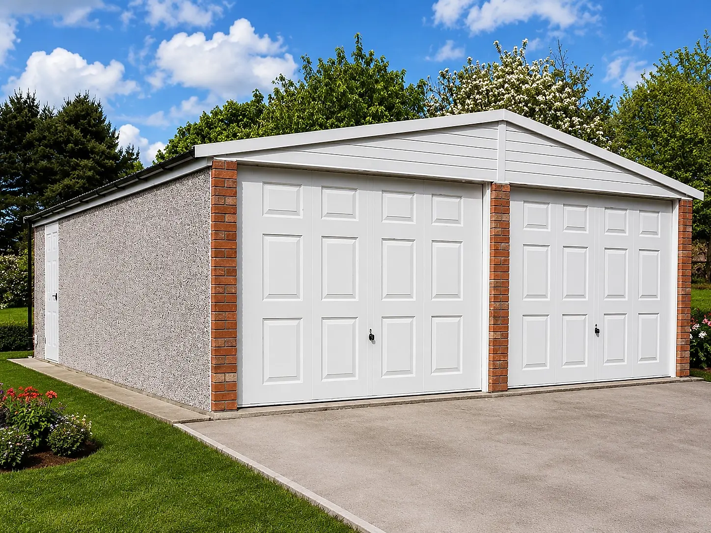 Double apex concrete garage with two white up & over doors and brick pillars in a landscaped garden