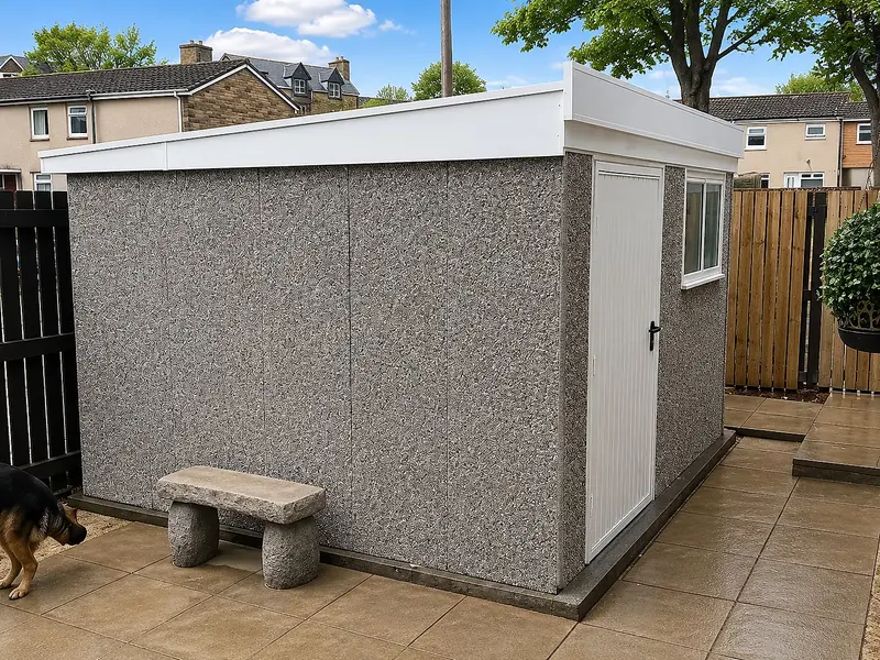 Pent-roof concrete shed with a personnel door beside a garden bench and patio