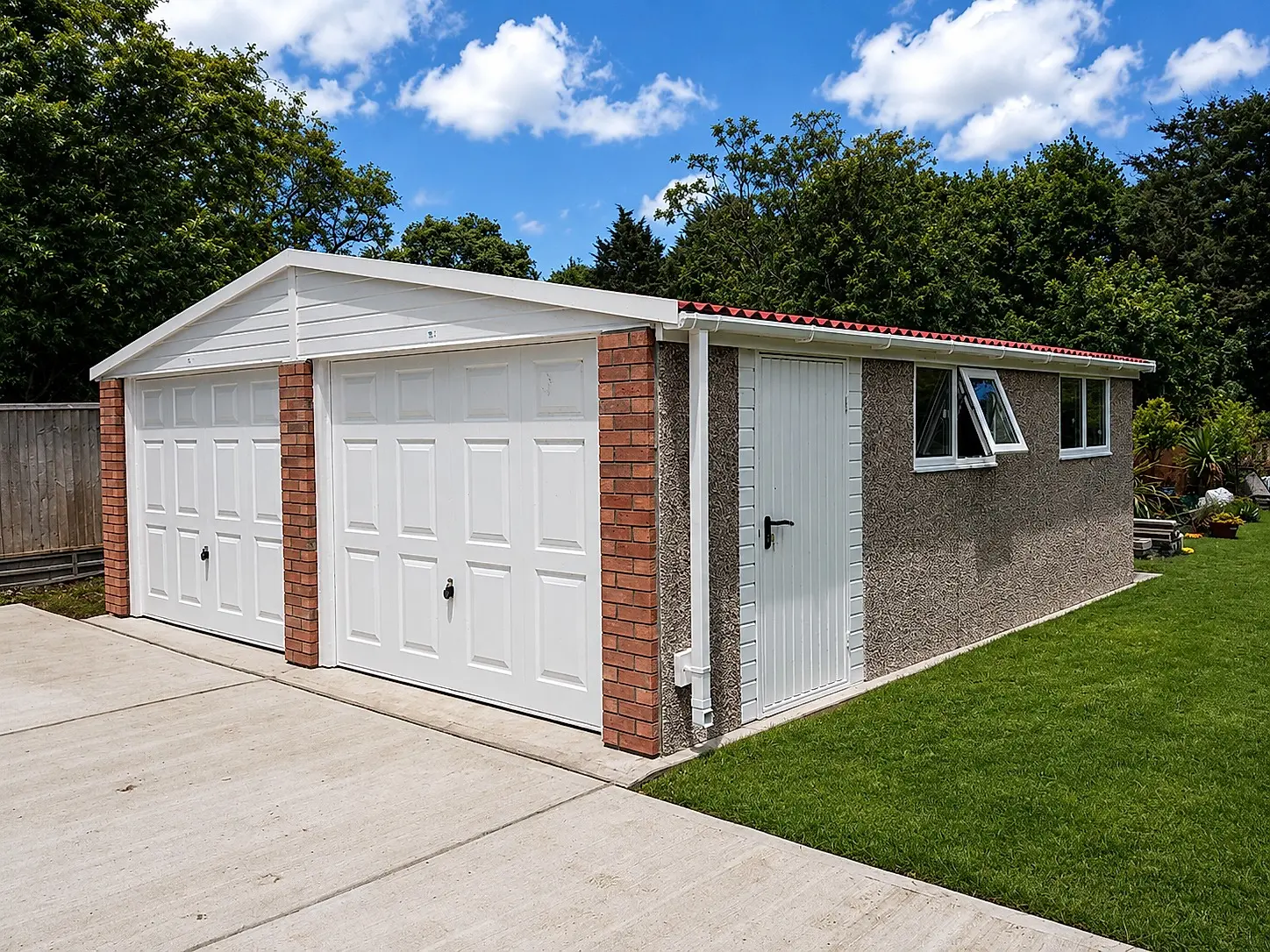Double apex concrete garage with two white up & over doors, brick pillars and a windowed side elevation on a concrete drive