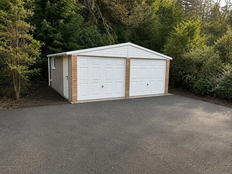 Double Elite apex concrete garage with white up-and-over doors and brick pillars on a resin driveway