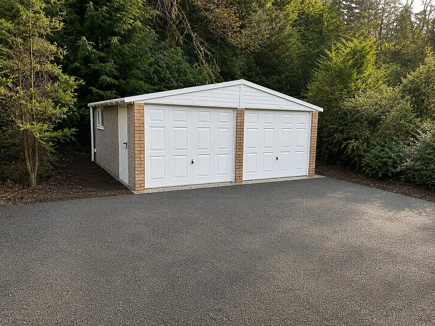 Double Elite apex concrete garage with white up-and-over doors and brick pillars on a resin driveway