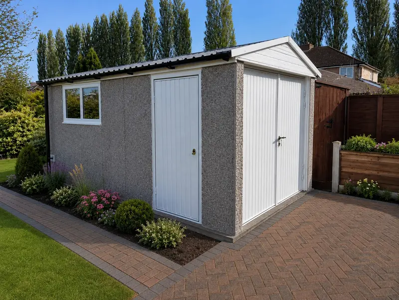 Apex concrete garage with open timber swing doors on a block-paved driveway