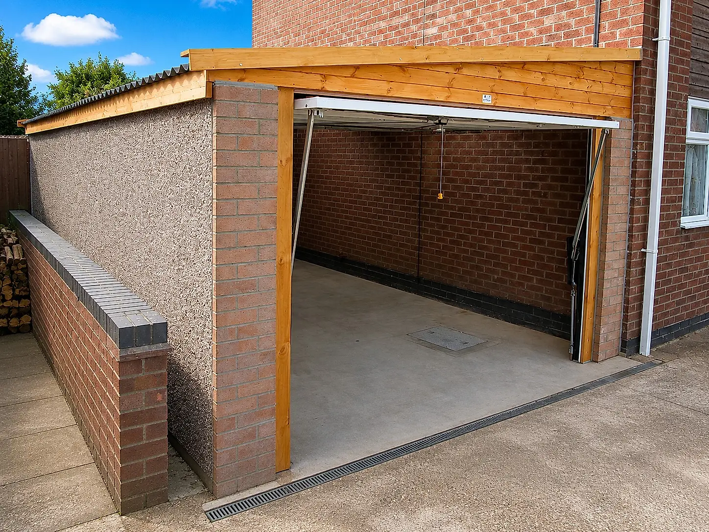 Lean-to concrete garage with the up-and-over door open, showing the interior, with a pebbledash side wall