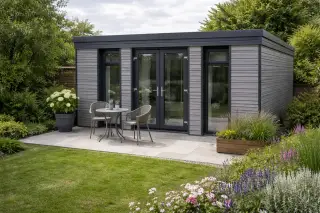Garden room with grey composite cladding, French doors, and patio furniture in a landscaped garden
