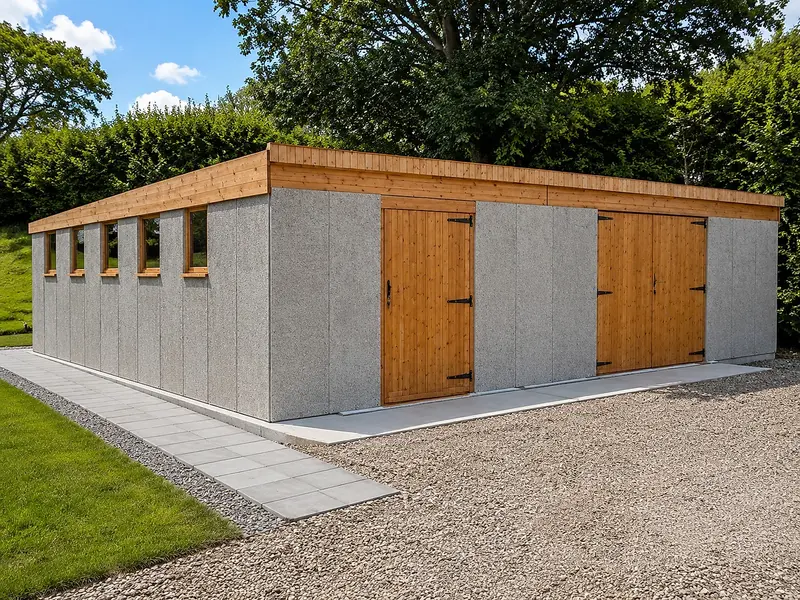 Large pent-roof concrete workshop with a row of windows and timber double doors