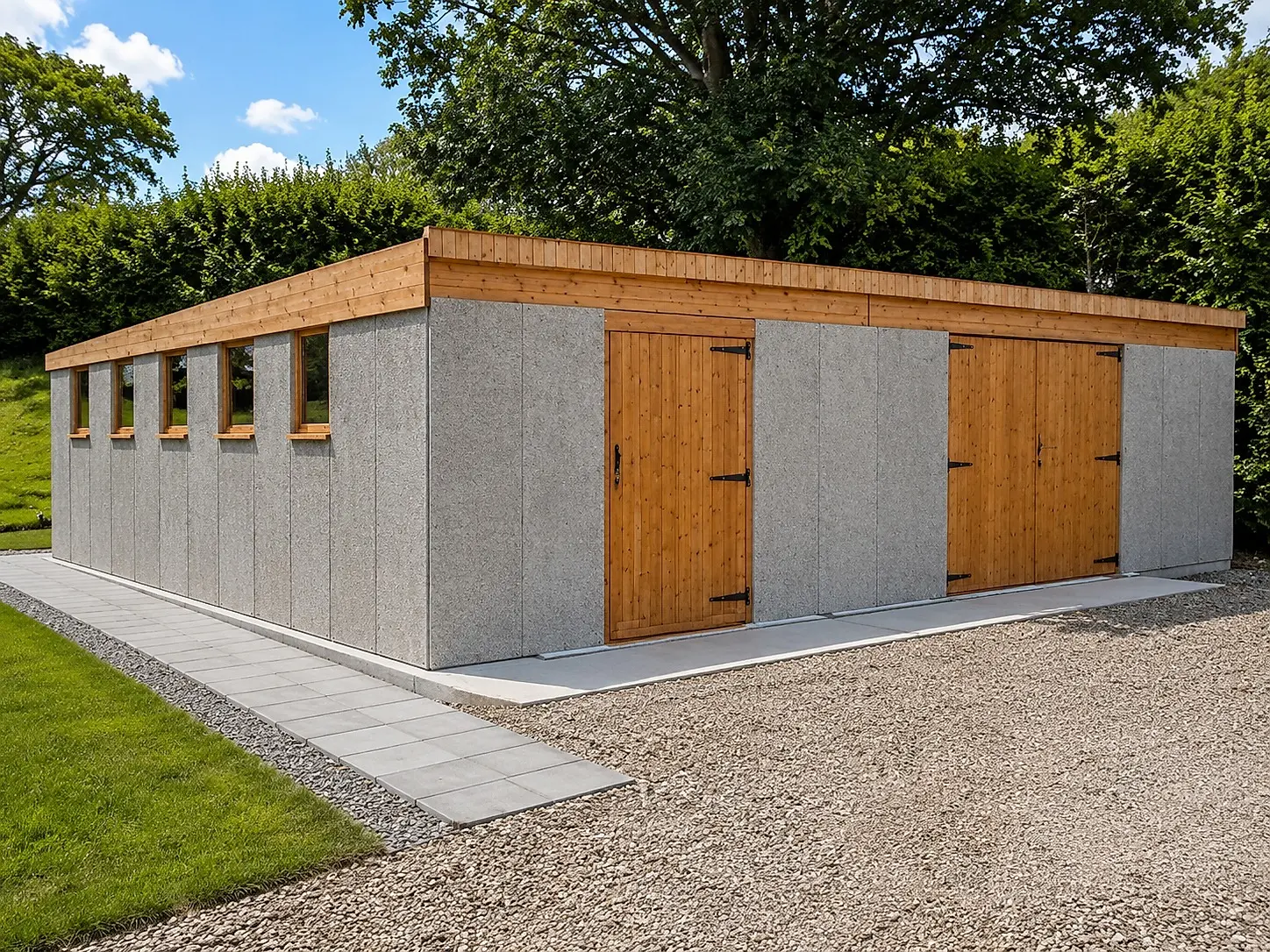 Large pent-roof concrete workshop with a row of windows and timber double doors