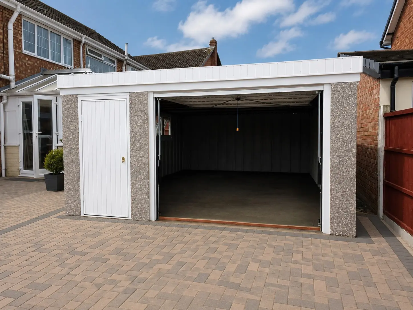 Double pent roof concrete garage with open doors on a block-paved driveway