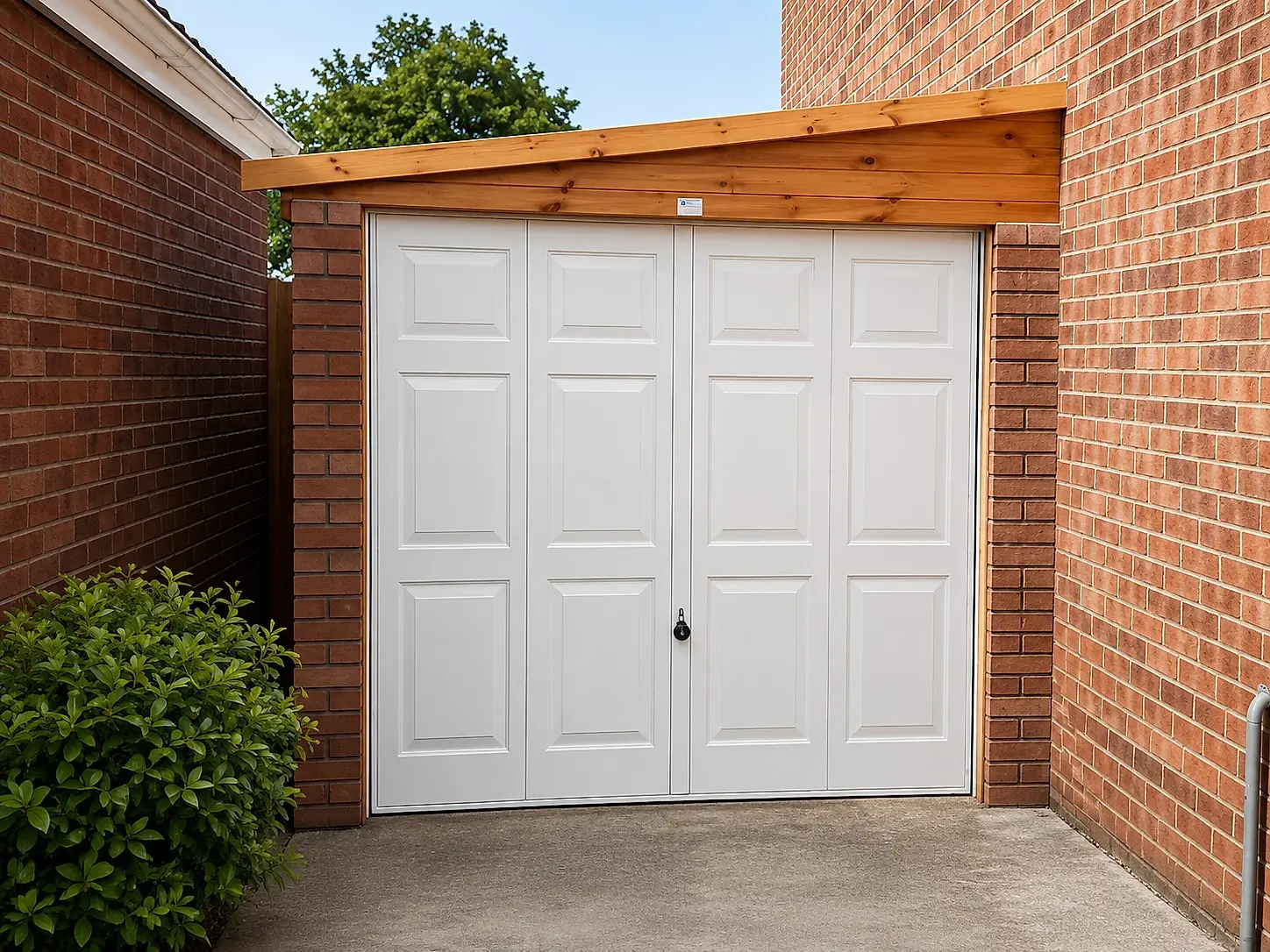 Lean-to concrete garage with a white panelled up-and-over door and cedar fascia between two houses