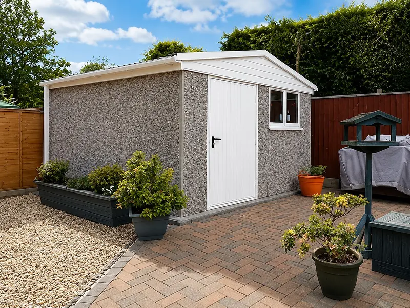 Apex-roof concrete shed with a personnel door beside a landscaped garden patio