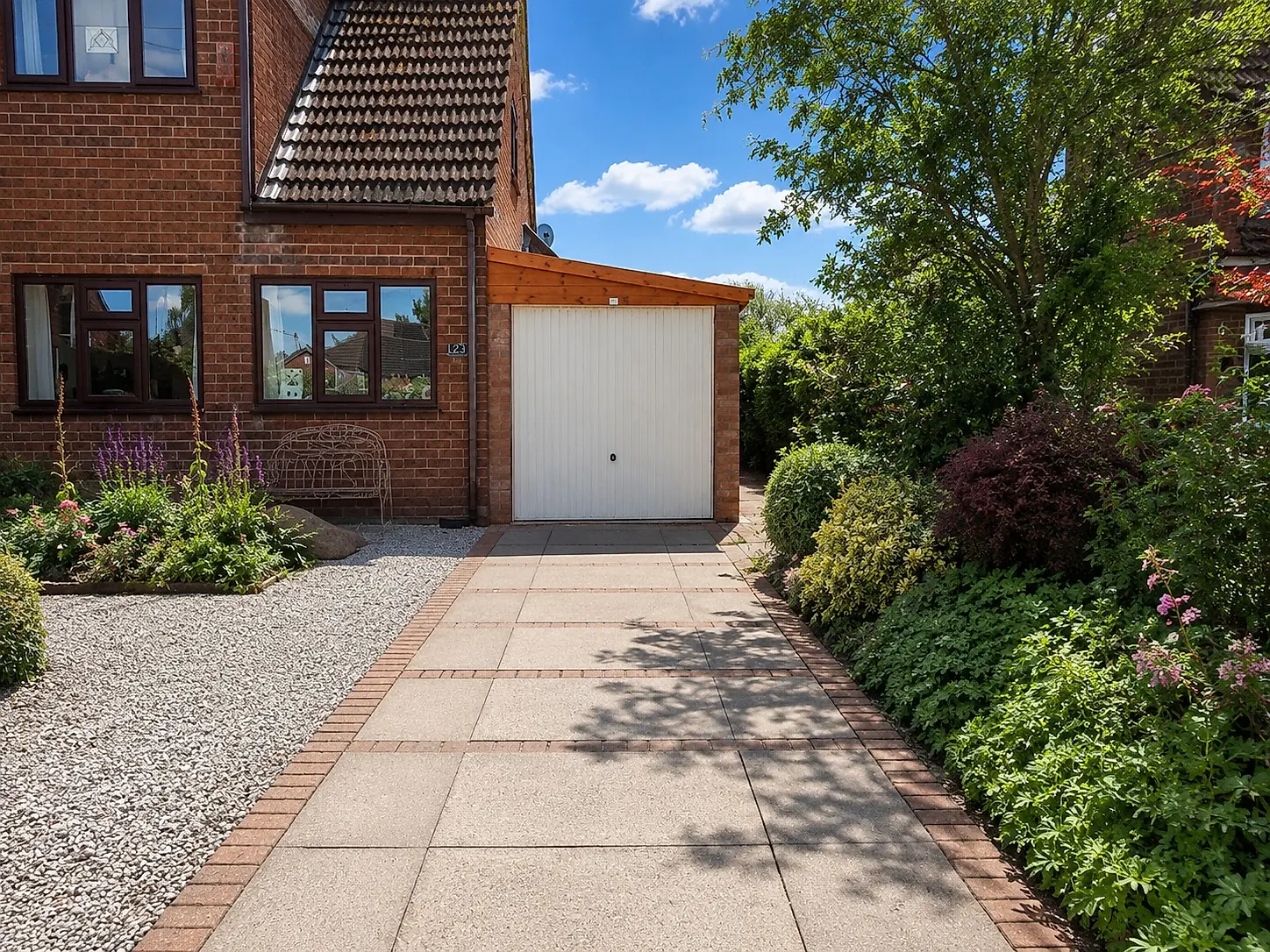 White up-and-over lean-to concrete garage beside a landscaped garden path in the sunshine