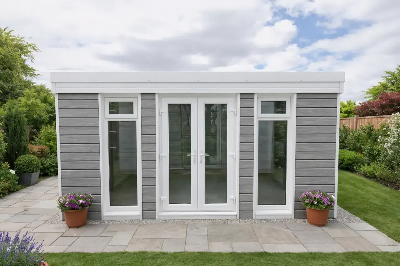 Garden room with grey composite cladding, white door frames, French doors, and a flat pent roof in a landscaped garden