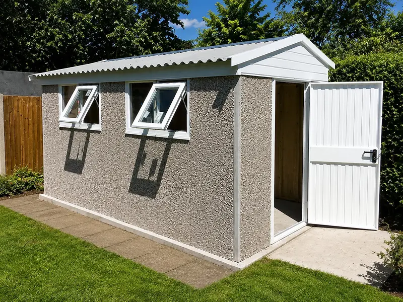 Apex-roof concrete shed with an open personnel door and opening windows on a lawn