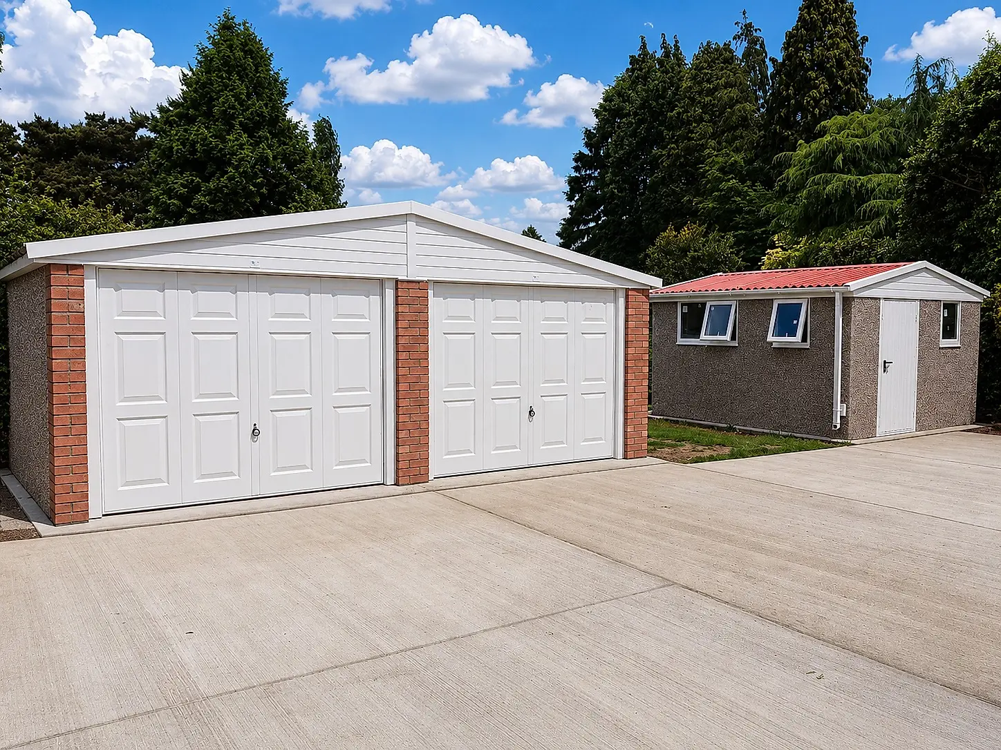 Double apex concrete garage with two pairs of white up & over doors and brick pillars beside a concrete shed