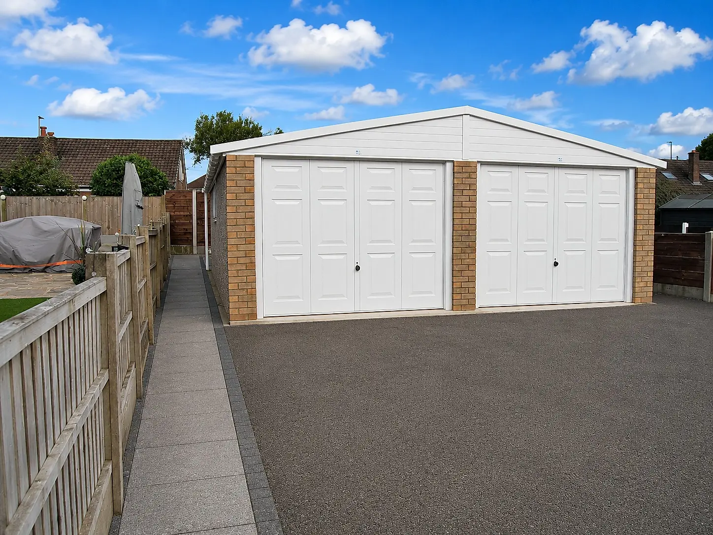 Double Elite concrete garage with white up-and-over doors and real brick pillars under an apex roof