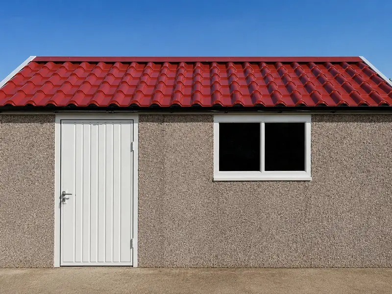 Apex concrete garage with a red tile-effect roof and pebbledash finish