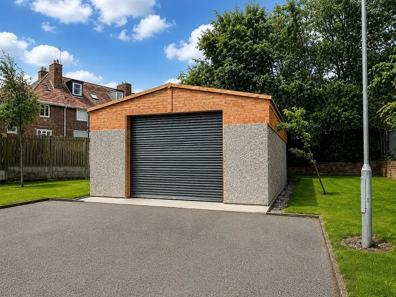Extra-height apex concrete garage with a real brick front, cedar gable and an anthracite roller door