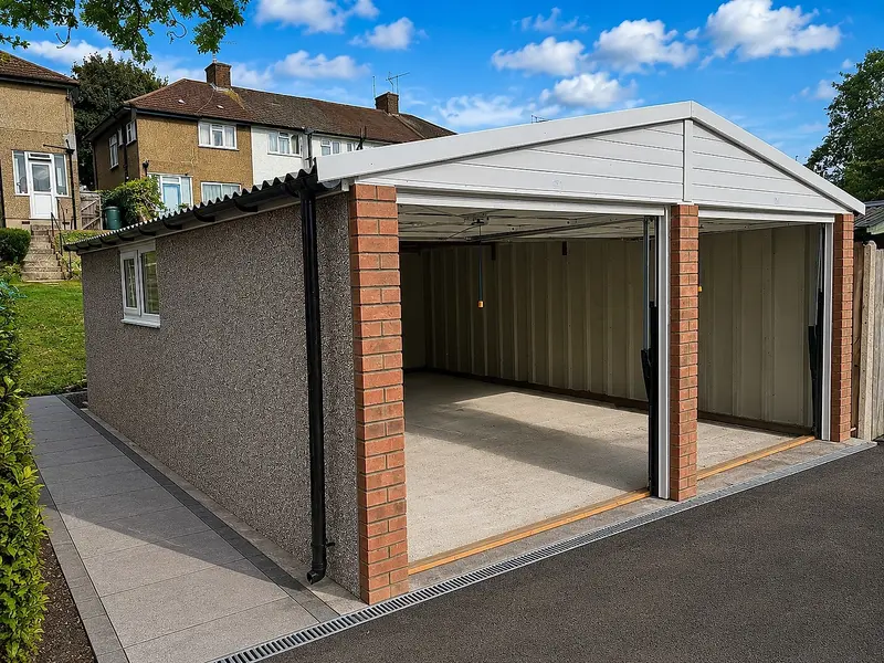 Elite apex concrete garage with the up-and-over doors open, showing the pebbledash finish and brick pillars