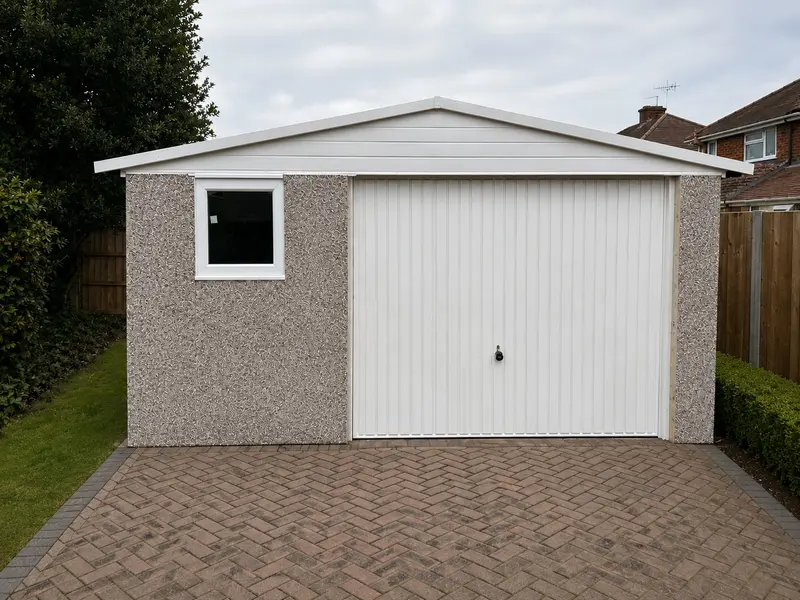 Wide Apex concrete garage with a pebbledash finish on a concrete forecourt