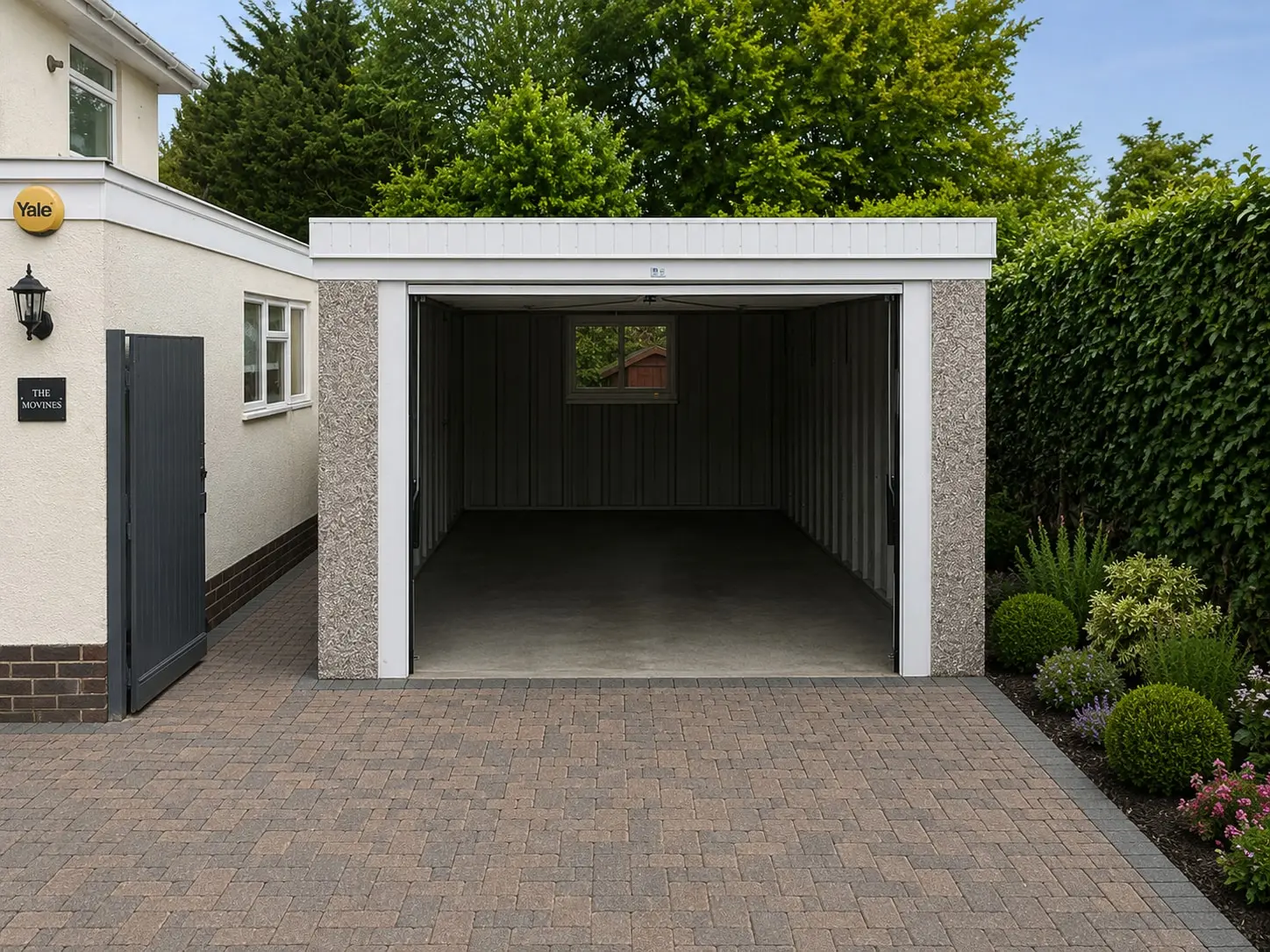 Pent roof concrete garage with uPVC fascias on a block-paved driveway