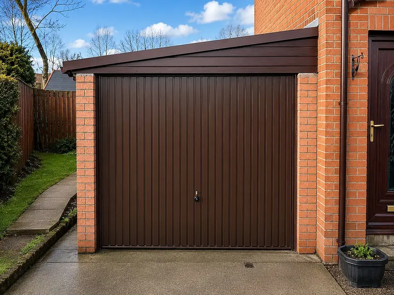 Lean-to concrete garage with a brown up-and-over door and cedar fascia against a brick house