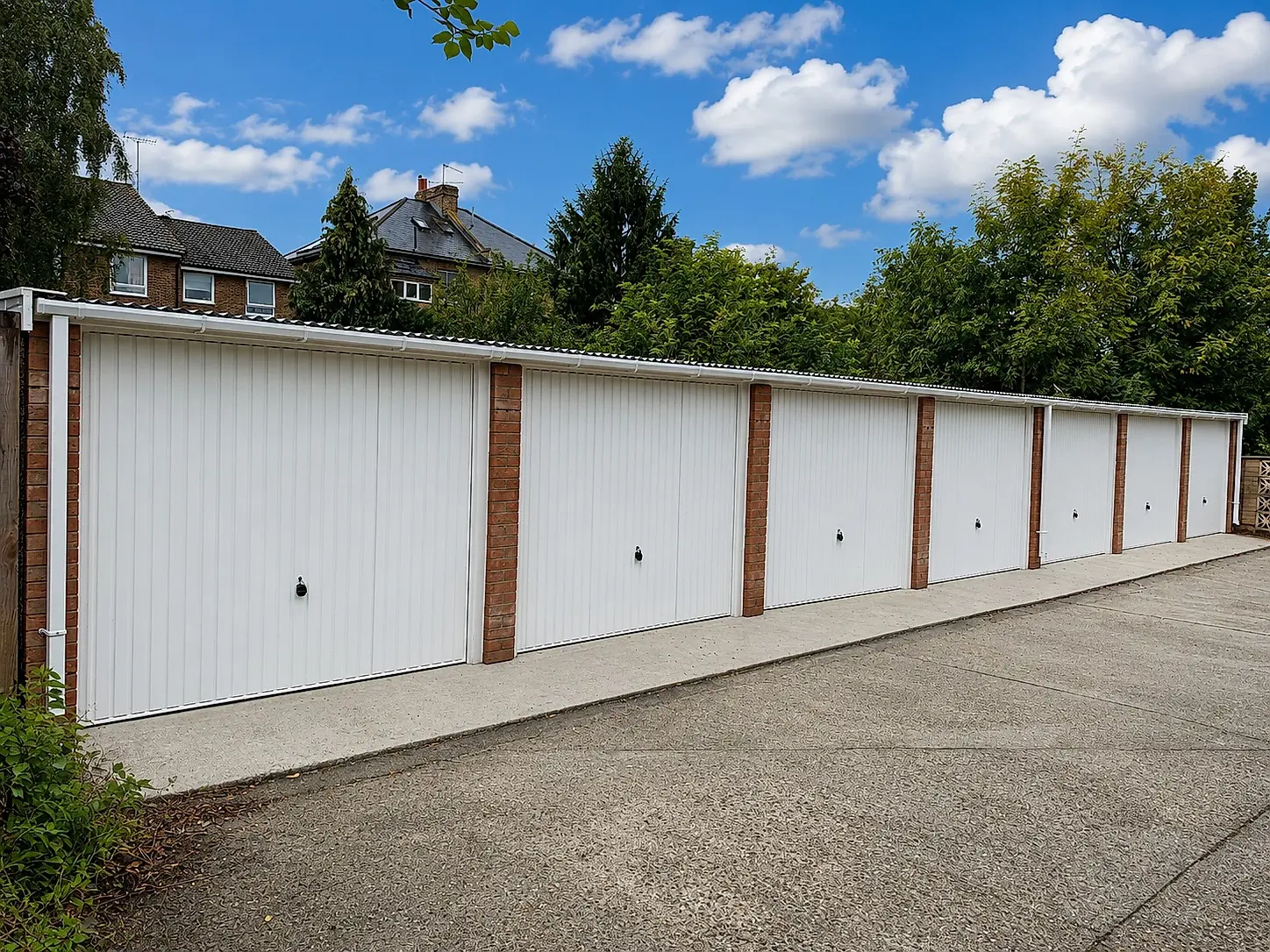 Long row of concrete battery garages with white up-and-over doors and brick pillars